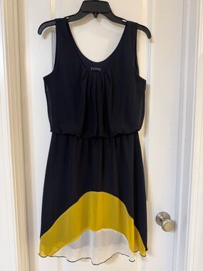 Enfocus Studio Navy Blue, White, and Yellow Mini Dress